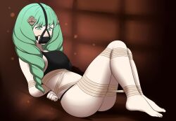 Rule 34 | 1girl, ass, ball gag, bdsm, black bra, black panties, blush, bondage, bound, bra, breasts, brown background, brown rope, cloth gag, covered mouth, dankestofdans, eyeliner, feet, female focus, fire emblem, fire emblem: three houses, flayn (fire emblem), gag, gagged, green eyes, green hair, harness, head harness, huge ass, improvised gag, intelligent systems, large breasts, layered gags, long hair, lying, makeup, nintendo, o-ring, panties, rope, shiny clothes, shiny skin, solo, thick thighs, thighs, underwear, underwear only, variant set, very long hair