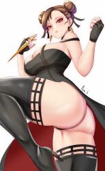 Rule 34 | 1girl, anisdrawn, ass, bare arms, bare shoulders, black gloves, black thighhighs, breasts, brown eyes, brown hair, capcom, chun-li, cleavage, commentary, cosplay, dagger, double bun, fingerless gloves, gloves, hair bun, high heels, highres, holding, holding dagger, holding knife, holding weapon, knife, large breasts, looking at viewer, short hair, solo, spy x family, standing, standing on one leg, street fighter, thick thighs, thighhighs, thighs, twisted torso, weapon, yor briar, yor briar (cosplay)