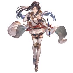 Rule 34 | 1girl, arrow (projectile), black hair, blue eyes, bow (weapon), breasts, detached sleeves, floating hair, full body, granblue fantasy, holding, holding sword, holding weapon, hood, hood down, long hair, looking at viewer, minaba hideo, official art, pants, ponytail, quiver, shirt, shitori (granblue fantasy), simple background, small breasts, solo, sword, transparent background, turtleneck, weapon