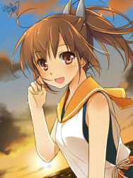 Rule 34 | 10s, 1girl, ahoge, brown eyes, brown hair, i-401 (kancolle), kantai collection, looking at viewer, ocean, open mouth, ponytail, saeki hokuto, solo, sunset, swimsuit, swimsuit under clothes