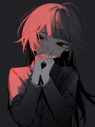 Rule 34 | 1boy, androgynous, bishounen, black background, black eyes, black jacket, blush, commentary request, crying, crying with eyes open, floating hair, fuini, gakuran, half-closed eyes, hands up, head tilt, high collar, highres, interlocked fingers, jacket, limited palette, long hair, long sleeves, looking at viewer, mole, mole under eye, original, own hands together, school uniform, sidelighting, simple background, straight-on, tears