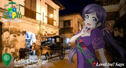 Rule 34 | 1girl, artist name, artist request, blush, breasts, cardinal eli, cleavage, female focus, flower print, green eyes, hair ribbon, long hair, looking at viewer, love live!, love live! school idol project, night, night sky, parted lips, pink ribbon, purple hair, purple shirt, ribbon, shirt, sky, small breasts, smile, solo, tojo nozomi, twintails