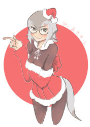 1girl absurdres alternate_costume black_bodysuit blush bodysuit christmas cowboy_shot dress fur_trim glasses green_eyes grey_hair hat highres kemono_friends kemono_friends_3 looking_at_viewer meerkat_(kemono_friends) meerkat_ears meerkat_tail red_dress santa_costume santa_hat short_hair sleeveless smile solo translated user_zrdd5754 white_fur