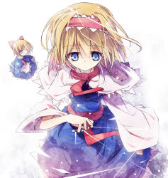 Rule 34 | 1girl, alice margatroid, apron, ascot, bad id, bad pixiv id, blonde hair, blue dress, blue eyes, bow, capelet, dress, female focus, hair bow, hairband, itsutsuki, jewelry, long sleeves, puppet rings, puppet strings, ring, sash, shanghai doll, short hair, solo, touhou, wide sleeves