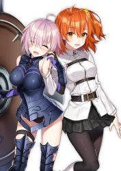 Rule 34 | 2girls, :d, ^ ^, ahoge, arm at side, armor, armored dress, bare legs, bare shoulders, belt, black gloves, black panties, black pantyhose, black skirt, blush, boots, breasts, closed eyes, couple, dress, elbow gloves, eyes visible through hair, facing viewer, fate/grand order, fate (series), female focus, friends, fujimaru ritsuka (female), gauntlets, gloves, greaves, grey dress, grey legwear, hair ornament, hair scrunchie, hand up, happy, head tilt, holding, holding hands, holding shield, interlocked fingers, knee boots, large breasts, legband, legs, light purple hair, long sleeves, looking at viewer, mash kyrielight, medium breasts, multicolored clothes, multicolored gloves, multiple girls, open mouth, orange eyes, orange hair, panties, pantyhose, pleated skirt, purple gloves, scrunchie, shield, shirako miso, short hair, side-by-side, side ponytail, simple background, skirt, sleeveless, sleeveless dress, smile, standing, thigh strap, type-moon, underwear, uniform, white background, white footwear, white uniform, yellow eyes, yellow scrunchie, yuri