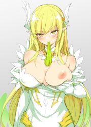 Rule 34 | 1girl, blonde hair, breasts, cleavage, covered erect nipples, daybreaker (elsword), dress, elsword, gloves, gradient background, green neckwear, hatching (texture), large breasts, long hair, looking at viewer, mouth hold, nipples, one breast out, patreon username, pointy ears, rena erindel, sketch, solo, waero, white dress, white gloves, yellow eyes