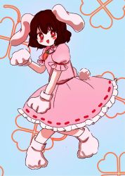 Rule 34 | 1girl, :d, animal ears, aqua background, bad id, bad twitter id, blush, brown hair, carrot necklace, clover, dress, four-leaf clover, frilled dress, frilled sleeves, frills, fukufukupine, highres, inaba tewi, jewelry, knees together feet apart, necklace, open mouth, puffy short sleeves, puffy sleeves, rabbit ears, rabbit paws, rabbit tail, red eyes, short hair, short sleeves, smile, solo, tail, touhou
