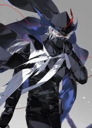 Rule 34 | 1boy, arknights, ascot, belt, cape, chain, gloves, hat, high collar, highres, ierotak, long sleeves, male focus, mask, mouth mask, red eyes, solo, strap, ulpianus (arknights), walking, white hair