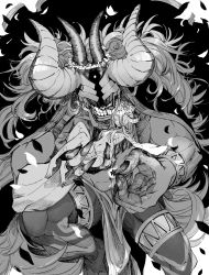Rule 34 | 1boy, 1girl, armlet, barefoot, cape, clenched hand, closed mouth, demon, closed eyes, fingernails, flower, flower wreath, glowing, glowing flower, greyscale, hair over one eye, hand on another&#039;s cheek, hand on another&#039;s face, hatching (texture), highres, holding, holding flower, horns, long fingernails, long hair, monochrome, monster, multiple horns, muscular, navel, one-eyed, open mouth, original, petals, sasami (ki), sharp fingernails, shoulder tattoo, smile, tattoo, teeth, thigh strap, very long fingernails, very long hair