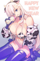 Rule 34 | 1girl, animal ears, animal print, azur lane, belfast (azur lane), bikini, blue eyes, blue footwear, blue gloves, blue thighhighs, boots, breasts, chain, collar, commentary request, cow ears, cow horns, cow print, cow print bikini, detached sleeves, eyes visible through hair, fake animal ears, fake horns, gloves, gradient background, grey background, happy new year, high heel boots, high heels, highres, horns, large breasts, long hair, looking at viewer, milk, navel, new year, nipple piercing, piercing, print bikini, sitting, solo, supurai, swimsuit, thigh boots, thighhighs, wariza, white hair