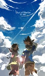 Rule 34 | 1boy, 1girl, anniversary, belt, brother and sister, brown hair, ca 31, cloud, day, digimon, digimon adventure, english text, from behind, gloves, goggles, holding hands, hetero, jewelry, looking up, necklace, scarf, short hair, shorts, siblings, sky, whistle, yagami hikari, yagami taichi