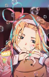 Rule 34 | 1boy, animal ears, bandaid, bandaid on face, black eyes, blonde hair, bubble, head rest, highres, idol, jewelry, male focus, name tag, pago0024, ring, sano manjirou, sticker on face, tokyo revengers