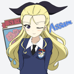 Rule 34 | 1girl, ;), arms behind back, assam (girls und panzer), black necktie, black ribbon, blonde hair, blue eyes, blue sweater, character name, commentary, dress shirt, emblem, girls und panzer, grey background, hair pulled back, hair ribbon, ichinose jun, long hair, long sleeves, looking at viewer, necktie, one eye closed, open mouth, ribbon, school uniform, shirt, smile, solo, st. gloriana&#039;s (emblem), st. gloriana&#039;s school uniform, sweater, upper body, v-neck, white shirt, wing collar