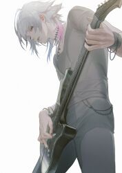 Rule 34 | 1boy, absurdres, aqua hair, black nails, blue eyes, bracelet, chain, choker, electric guitar, gavis bettel, grey hair, guitar, highres, holding, holding instrument, holding plectrum, holostars, holostars english, instrument, jewelry, male focus, multicolored hair, nail polish, necklace, pink hair, plectrum, plectrum in mouth, sekiikei, sidelocks, solo, virtual youtuber, white background, wrist cuffs
