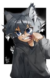 Rule 34 | 1boy, animal ear fluff, animal ears, artist name, black background, black hoodie, blood, blood on face, blue eyes, child, clenched teeth, commentary, deviidog0, english commentary, fangs, grey hair, hair between eyes, hand on own face, hand up, highres, hood, hood down, hoodie, long sleeves, male focus, original, short hair, solo, teeth, upper body, wiping face, wiping mouth, wolf boy, wolf ears