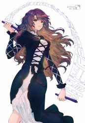 Rule 34 | 1girl, artist name, black dress, brown eyes, dated, dress, gradient hair, highres, hijiri byakuren, holding, layered dress, long hair, long sleeves, looking at viewer, multicolored clothes, multicolored dress, multicolored hair, open mouth, purple hair, ringo orihara, simple background, smile, solo, sorcerer&#039;s sutra scroll, standing, touhou, two-tone hair, white background, white dress