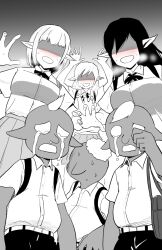 Rule 34 | 3boys, 3girls, assertive female, backpack, bag, blush, bow, bowtie, breasts, buttons, collared shirt, commentary, cowboy shot, crying, crying with eyes open, elf, english commentary, goblin, goblin male, greyscale, heavy breathing, height difference, highres, large breasts, long hair, looking at another, mohawk, monochrome, multiple boys, multiple girls, mushi gyouza, nose blush, open mouth, original, pointy ears, shaded face, shirt, short sleeves, smile, sweat, tears, you gonna get raped