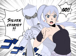 Rule 34 | 1girl, blue eyes, blue hair, cosplay, crossover, earrings, emphasis lines, english text, high ponytail, jean pierre polnareff, jean pierre polnareff (cosplay), jewelry, jojo no kimyou na bouken, jojo pose, kushiyo-takeru, long hair, open mouth, parody, rapier, rwby, scar, scar across eye, scar on face, side ponytail, silver chariot, stand (jojo), sword, weapon, weiss schnee, white hair