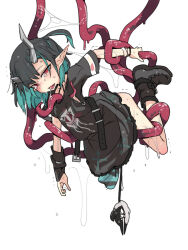 Rule 34 | 1girl, nanashi inc., belt, black belt, black dress, black footwear, black hair, blue hair, blush, boots, commentary request, cross print, demon girl, demon horns, demon tail, dress, eye of providence, fang, flat chest, full body, highres, horns, looking at viewer, medium hair, multicolored hair, official alternate costume, one side up, open mouth, pointy ears, red eyes, shishio chris, short sleeves, simple background, solo, sugar lyric, tail, tentacles, tomatojam, two-tone hair, virtual youtuber, white background