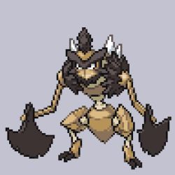 axe black_eyes commentary_request creatures_(company) full_body game_freak grey_background kleavor legs_apart lowres nintendo no_humans onigashira_ginkaku pixel_art pokemon pokemon_(creature) simple_background solo spikes standing