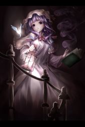 Rule 34 | 1girl, book, capelet, coat, creature, crescent, dark, darkness, dress, earrings, female focus, floating book, hair ribbon, hat, highres, holding, jewelry, kachayori, lamp, lantern, letterboxed, long hair, looking at viewer, open book, open clothes, open coat, open mouth, patchouli knowledge, purple dress, purple eyes, purple hair, ribbon, smoke, solo, touhou, tress ribbon, very long hair