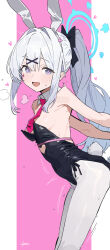 Rule 34 | 1girl, animal ears, bare shoulders, black leotard, blue archive, blue halo, blush, bow, breasts, detached collar, fake animal ears, fake tail, grey hair, hair between eyes, hair ornament, hairclip, halo, heart, highres, implied sex, kooka kenji, leotard, long hair, looking at viewer, miyako (blue archive), motion lines, necktie, open mouth, pantyhose, perky breasts, playboy bunny, ponytail, purple eyes, rabbit ears, rabbit hole (vocaloid), rabbit tail, red necktie, simple background, small breasts, smile, solo, strapless, strapless leotard, tail, white hair, white pantyhose