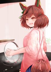 Rule 34 | 1girl, :d, animal ears, apron, arano oki, blue skirt, blush, brown eyes, brown hair, chopsticks, commentary request, cooking, food, from behind, highres, holding, horse ears, horse girl, horse tail, indoors, jewelry, long sleeves, multicolored hair, nice nature (umamusume), open mouth, pink apron, pleated skirt, ring, shirt, skirt, smile, solo, streaked hair, tail, twintails, umamusume, wedding band, white shirt