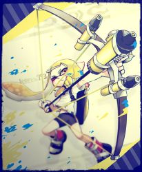 Rule 34 | 1girl, aiming, arm up, artist name, asymmetrical hair, bike shorts, blonde hair, blunt bangs, blush, bow (weapon), braid, chromatic aberration, domino mask, drawing bow, female focus, flat chest, full body, gradient hair, hair tie, hand up, highres, holding, holding bow (weapon), holding weapon, ink tank (splatoon), inkling, inkling girl, inkling player character, jpeg artifacts, lesuna, light blush, long hair, mask, matching hair/eyes, multicolored footwear, multicolored hair, nintendo, one eye closed, orange hair, parted lips, pointy ears, shirt, shoes, short sleeves, signature, single braid, solo, splatoon (series), splatoon 3, splatter, standing, suction cups, tentacle hair, tentacles, torn clothes, torn shirt, twintails, very long hair, weapon, white shirt, yellow background, yellow eyes
