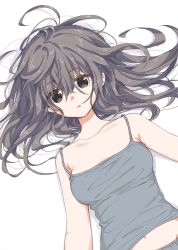 Rule 34 | 1girl, breasts, camisole, collarbone, grey hair, highres, long hair, looking at viewer, lying, matsuda hikari, medium breasts, messy hair, navel, on back, open mouth, original, purple eyes, simple background, small breasts, solo, upper body, white background