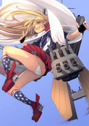 Rule 34 | 1girl, american flag legwear, ankle boots, ass, azur lane, black gloves, blonde hair, blue background, blue jacket, boots, butt crack, cannon, cape, cleveland (azur lane), clothes lift, commentary request, falling, fingerless gloves, fu-ta, gloves, hair over eyes, highres, jacket, long hair, looking at viewer, lowleg, lowleg panties, machinery, panties, pleated skirt, red eyes, red skirt, side-tie panties, simple background, skirt, skirt lift, socks, solo, two side up, underwear, white cape, white panties, wind, wind lift