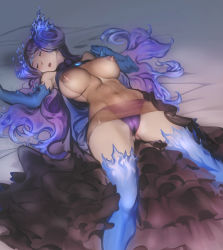 Rule 34 | 1girl, abs, bare shoulders, bed, blue gloves, blue hair, blue thighhighs, breasts, brighid (xenoblade), cameltoe, chest jewel, cleft of venus, closed eyes, dress, elbow gloves, gloves, highres, large breasts, long hair, lying, messy hair, muscular, muscular female, natto soup, navel, on back, open mouth, panties, purple panties, revealing clothes, see-through, see-through dress, sleeping, solo, thighhighs, twintails, underwear, xenoblade chronicles (series), xenoblade chronicles 2
