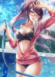 Rule 34 | 1girl, :d, absurdres, arm up, bikini, black bikini, blue sky, breasts, brown hair, bush, cleavage, cloud, collarbone, commentary request, cowboy shot, day, empty pool, glasses, gundou mirei, highres, holding, holding hose, hose, jacket, long hair, medium breasts, navel, nijisanji, one eye closed, open clothes, open jacket, open mouth, outdoors, pool, rai (newtype xm-x1), red-framed eyewear, red eyes, sky, smile, solo, standing, swept bangs, swimsuit, teeth, thighs, unzipped, upper teeth only, virtual youtuber, wet