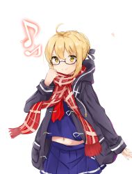 Rule 34 | 1girl, absurdres, ahoge, artoria pendragon (fate), black-framed eyewear, black bow, black jacket, blonde hair, blue shirt, blue skirt, bow, braid, closed mouth, drawstring, fate/grand order, fate (series), glasses, hair between eyes, hair bow, hair bun, hand up, highres, hood, hood down, hooded jacket, jacket, long sleeves, midriff, musical note, mysterious heroine x alter (fate), mysterious heroine x alter (first ascension) (fate), navel, open clothes, open jacket, plaid, plaid scarf, pleated skirt, quaver, red scarf, scarf, shirt, single hair bun, skirt, sleeves past wrists, smile, solo, white background, yellow eyes, yukaa