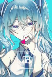 Rule 34 | 1girl, aqua background, blue eyes, blue hair, blue necktie, close-up, commentary, ggatip, hair between eyes, hatsune miku, heart, highres, looking at viewer, necktie, solo, twintails, vocaloid