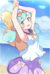 Rule 34 | 1girl, arms up, blush, bow, bow skirt, elisa (puyopuyo), eyelashes, fingernails, green hair, grey eyes, hair bow, hat, hat on back, heart, heart-shaped eyewear, highres, holding own wrist, jazz grace, long hair, looking at viewer, neckerchief, open mouth, pixelated, purple bow, purple skirt, puyopuyo, puyopuyo quest, red-tinted eyewear, sailor collar, shore, skirt, solo, straw hat, tinted eyewear, twintails, yellow bow, yellow neckerchief