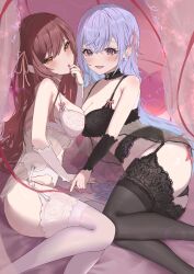 2girls absurdres asymmetrical_docking bed_sheet black_bra black_garter_belt black_thighhighs blue_hair blush bra breast_press breasts brown_hair cleavage commentary_request detached_sleeves garter_belt highres idolmaster idolmaster_shiny_colors lace lace-trimmed_panties lace-trimmed_thighhighs lace_trim lingerie long_hair looking_at_viewer medium_breasts multiple_girls nekoplanetouo osaki_amana panties red_ribbon ribbon ribbon_trim smile straight_hair suzuki_hana thighhighs underwear very_long_hair white_garter_belt white_thighhighs