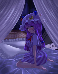 Rule 34 | 1girl, 3692materia, ascot, bed, blush, breasts, canopy bed, capelet, crescent, crescent moon, curvy, dress, frilled pillow, frills, hat, hat ornament, highres, large breasts, long hair, looking at viewer, moon, patchouli knowledge, pillow, purple eyes, purple hair, sitting, solo, striped clothes, striped dress, touhou, wariza