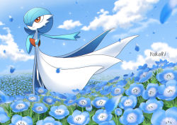 Rule 34 | 1girl, alternate color, arm up, artist name, blue flower, blue hair, blue skin, blue sky, blue theme, blurry, blurry background, bob cut, closed mouth, cloud, colored skin, creatures (company), day, falling petals, female focus, field, flat chest, flower, flower field, game freak, gardevoir, gen 3 pokemon, hair over one eye, hand on own chest, hand up, highres, multicolored skin, nemophila (flower), nintendo, one eye covered, orange eyes, outdoors, outstretched arm, petals, pokemon, pokemon (creature), shiny pokemon, short hair, sky, solo, two-tone skin, watermark, white skin, yukari (yukari21653710)