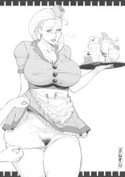 Rule 34 | 1boy, 1girl, artist request, blush, breasts, burustandin, censored, clothes lift, diana (league of legends), dress, dress lift, food, highres, humiliation, large breasts, monochrome, pubic hair, steam, sweat, tagme, waitress