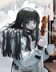 Rule 34 | 1girl, absurdres, black hair, black mask, black nails, clothes writing, coat, commentary request, counter, cup, earrings, english text, es-ther, food, fur-trimmed hood, fur trim, highres, holding, holding cup, holding food, holding skewer, hood, hooded coat, jewelry, kebab, long hair, looking at viewer, mask, mask pull, meat, mouth mask, nail polish, original, skewer, smoke, solo, surgical mask, white coat
