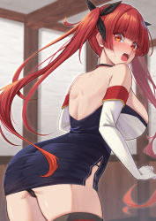 Rule 34 | 1girl, absurdres, ass, azur lane, blush, breasts, dress, elbow gloves, gloves, highres, honolulu (azur lane), large breasts, long hair, looking at viewer, nanohana (november.), open mouth, panties, red eyes, red hair, sideboob, solo, strapless, strapless dress, thighhighs, twintails, underwear, very long hair