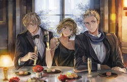 Rule 34 | 1girl, 2boys, 38ban, alcohol, arm grab, arm rest, axis powers hetalia, bare shoulders, belgium (hetalia), black bow, black bowtie, black dress, black gloves, black jacket, blonde hair, bow, bowtie, brother and sister, brothers, champagne, champagne flute, collarbone, collared shirt, corsage, cup, dress, dress shirt, drinking glass, earrings, elbow rest, flower, food, formal, gloves, green eyes, hair over one eye, hairband, head tilt, holding, holding cup, indoors, jacket, jewelry, lamp, long sleeves, looking at viewer, looking away, looking to the side, luxembourg (hetalia), macaron, multiple boys, netherlands (hetalia), off-shoulder dress, off shoulder, open mouth, plate, shirt, short hair, siblings, sleeveless, smile, spiked hair, suit, table, toasting (gesture), traditional bowtie, tuxedo, white shirt, window