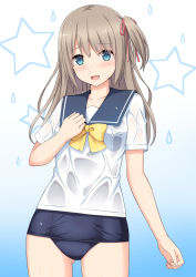 Rule 34 | 1girl, blue eyes, blush, cowboy shot, gluteal fold, hair ribbon, light brown hair, looking at viewer, nakamura sumikage, one side up, original, pink ribbon, ribbon, sailor collar, school swimsuit, see-through, short sleeves, solo, swimsuit, wet, wet clothes
