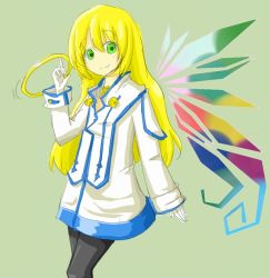 Rule 34 | 00s, 1girl, bad id, bad pixiv id, black pantyhose, blonde hair, chakram, colette brunel, gloves, green background, green eyes, leggings, long hair, looking at viewer, pantyhose, sakuto, smile, solo, tales of (series), tales of symphonia, weapon, white gloves, wings