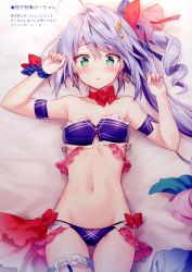 Rule 34 | 1girl, absurdres, ahoge, armband, armpits, azur lane, bare shoulders, bed sheet, bikini, blush, bow, breasts, bridal garter, choker, collarbone, cross, curly hair, earrings, green eyes, groin, hair bow, hair ornament, hands up, highres, jewelry, l&#039;opiniatre (azur lane), l&#039;opiniatre (beachside magician) (azur lane), latin cross, light purple hair, long hair, looking at viewer, lying, navel, on back, parted lips, purple bikini, ribbon, riichu, scan, side ponytail, small breasts, solo, surprised, stomach, strapless, strapless bikini, surprised, sweat, swimsuit, thigh gap, very long hair, wrist ribbon