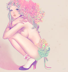 Rule 34 | 1girl, bad id, bad pixiv id, breasts, flower, grey eyes, hair flower, hair ornament, hands on shoulders, high heels, highres, lips, lipstick, looking at viewer, makeup, multicolored hair, nail polish, no bra, nude, original, parted lips, red nails, shoes, silver hair, solo, squatting, two-tone hair, zizizy