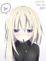 Rule 34 | 1girl, black sweater, blonde hair, blue eyes, blush, dated, food, food in mouth, gradient background, grey background, hair between eyes, long hair, looking at viewer, mouth hold, original, pocky, signature, simple background, solo, spoken sweatdrop, sweatdrop, sweater, tia-chan, uchuuneko, white background