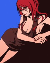 Rule 34 | 1girl, black background, black dress, blue background, breasts, dress, flat color, kirijou mitsuru, long hair, looking at viewer, lying, medium breasts, moshimoshibe, own hands together, persona, persona 3, red eyes, red hair, red lips, red nails, sideboob, simple background, sleeveless, sleeveless dress, smile, solo, two-tone background