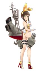 Rule 34 | 1girl, alternate costume, alternate hairstyle, anchor, animal ears, ass, bare legs, black hair, bow, bowtie, breasts, detached collar, fake animal ears, from below, fubuki (kancolle), full body, gold bowtie, gold leotard, green eyes, hair bun, kantai collection, leotard, looking at viewer, looking back, machinery, playboy bunny, ponytail, rabbit ears, rabbit tail, sidelocks, simple background, small breasts, solo, strapless, strapless leotard, tail, torpedo launcher, udukikosuke, white background, wrist cuffs