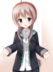 Rule 34 | 1girl, :d, \||/, ahoge, aqua eyes, black jacket, blush, brown hair, collared shirt, commentary, hairband, highres, jacket, long hair, long sleeves, looking at viewer, open clothes, open jacket, open mouth, outstretched arms, outstretched hand, plaid hairband, ponytail, red hairband, sanoba witch, shiiba tsumugi, shirt, sidelocks, simple background, smile, solo, straight-on, takepoison, translated, upper body, very long hair, white shirt